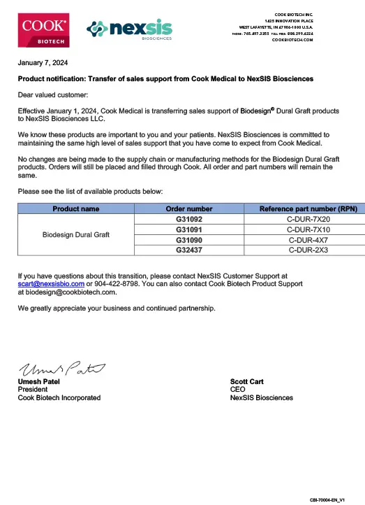 Notice of Transfer Sales Support to Customers